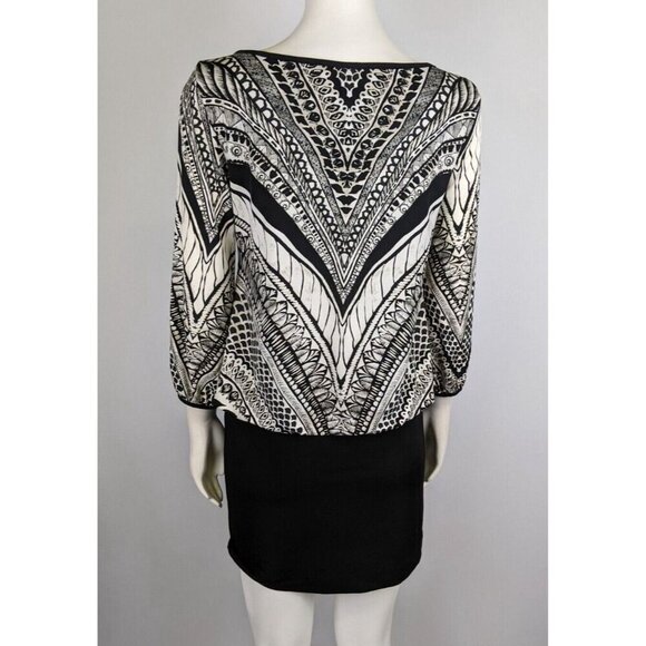 NICOLE BY NICOLE MILLER - WOMEN'S BLACK & CREAM PRINT STRETCH BLOUSON DRESS - S - Picture 9 of 11